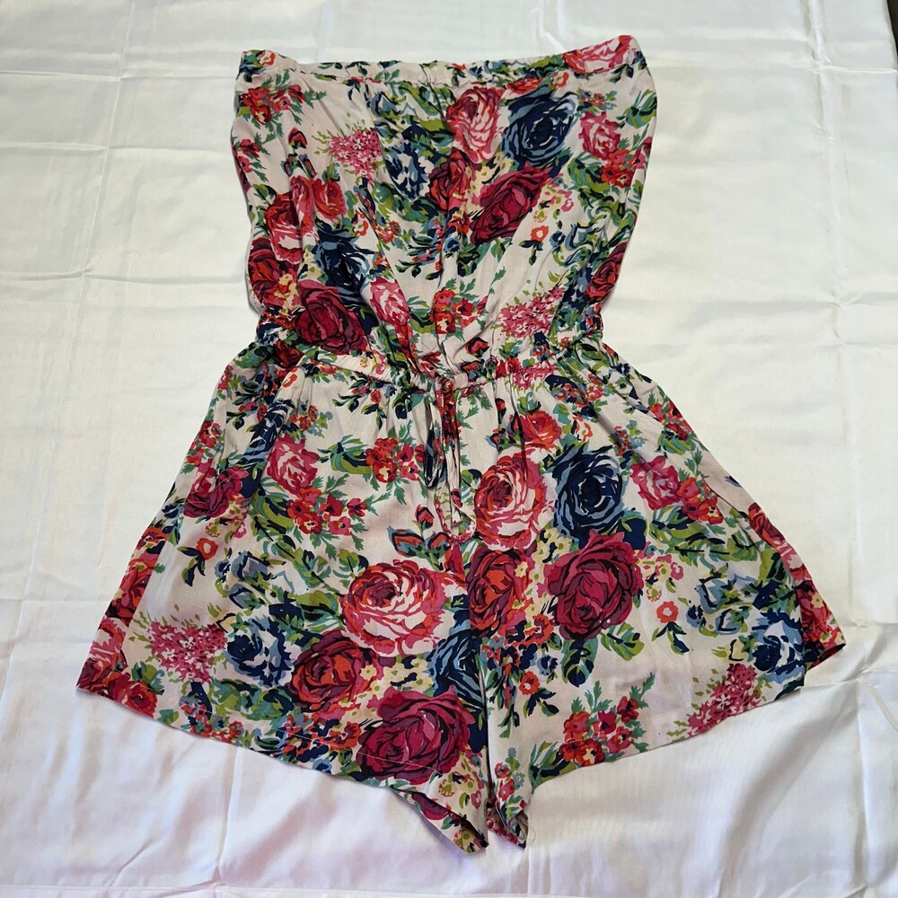 ANGIE Floral Romper Small Strapless Elastic Waist Rayon